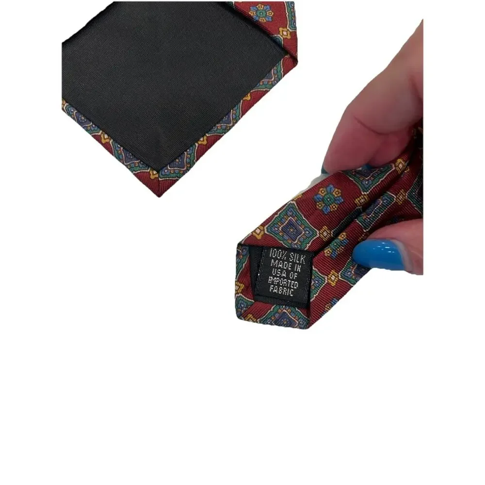 Vtg ROBERT Stock Men's Red Blue Geometric Silk Tie 3.75” Necktie‎ USA